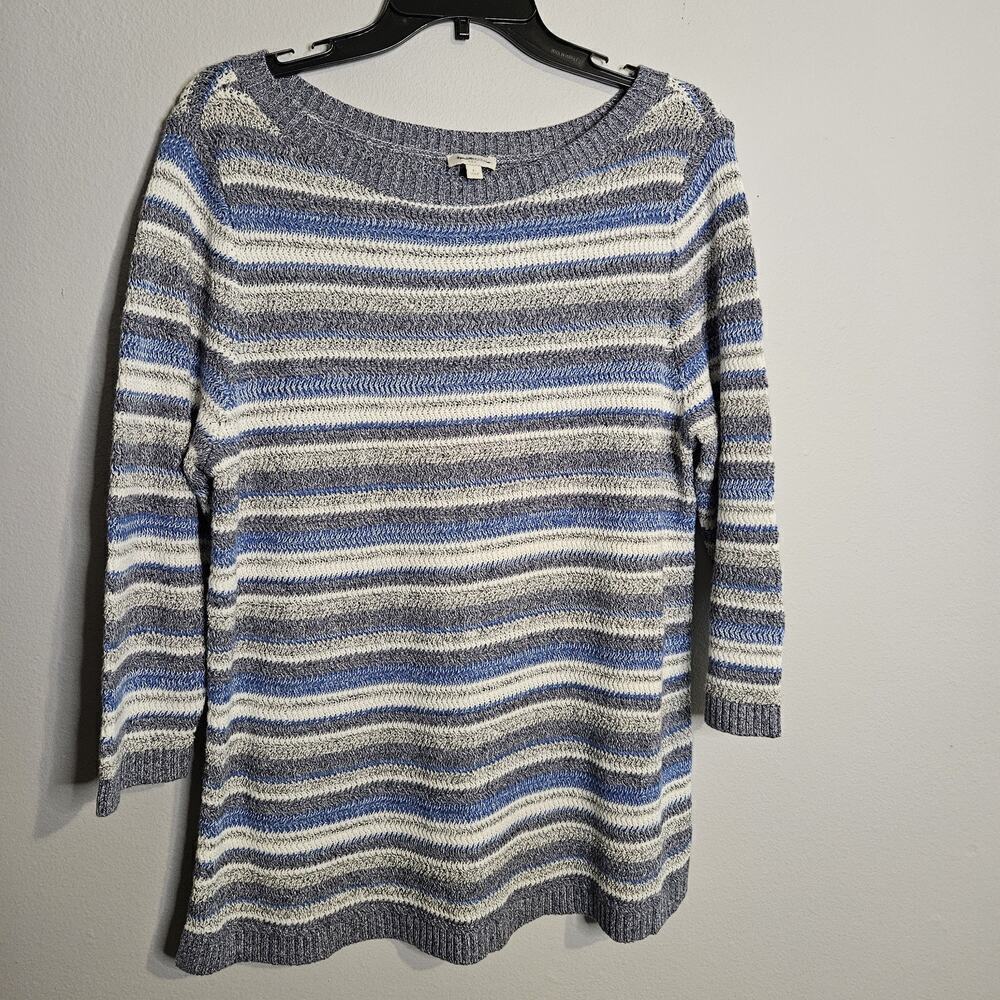 Talbots Sweater Blue Gray White Striped Pullover 3/4 Sleeves Crew Neck Size L